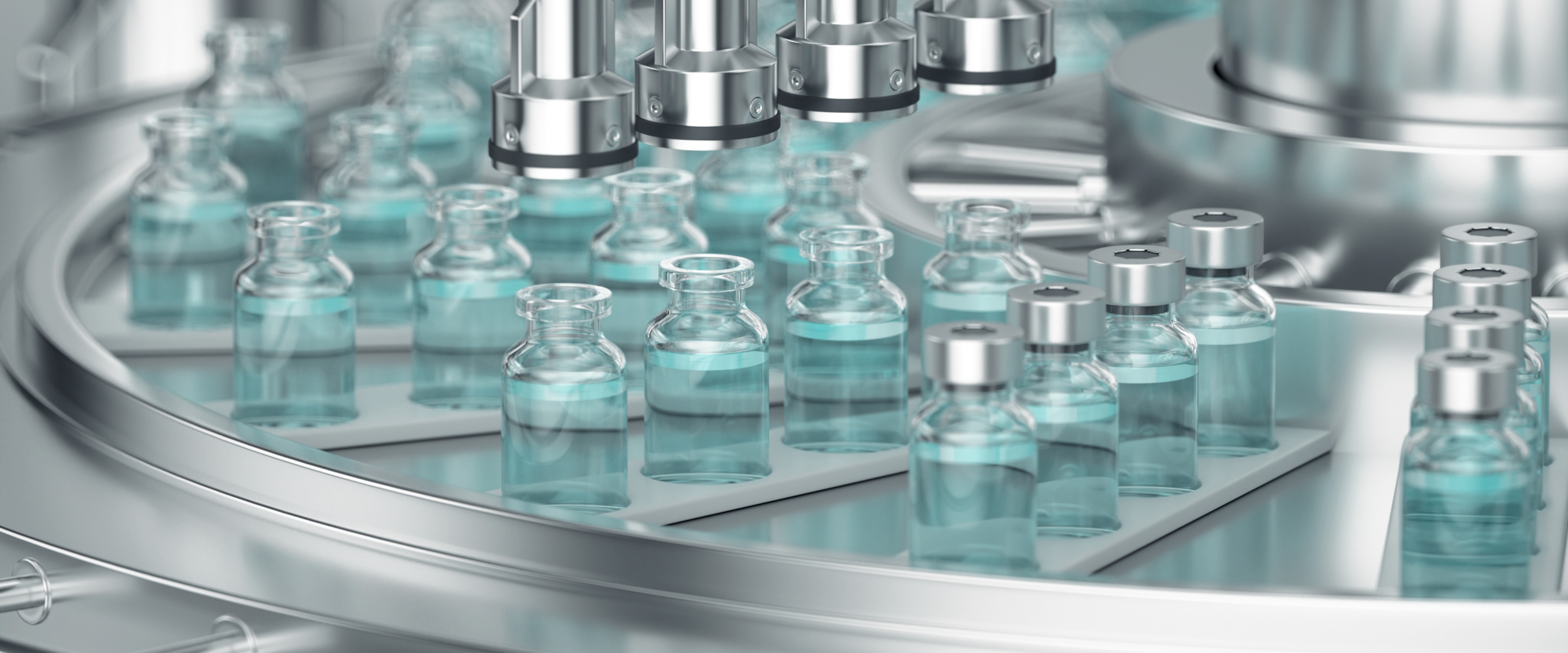 Background of pharmaceutical production with glass bottles with clear liquid on automatic conveyor line