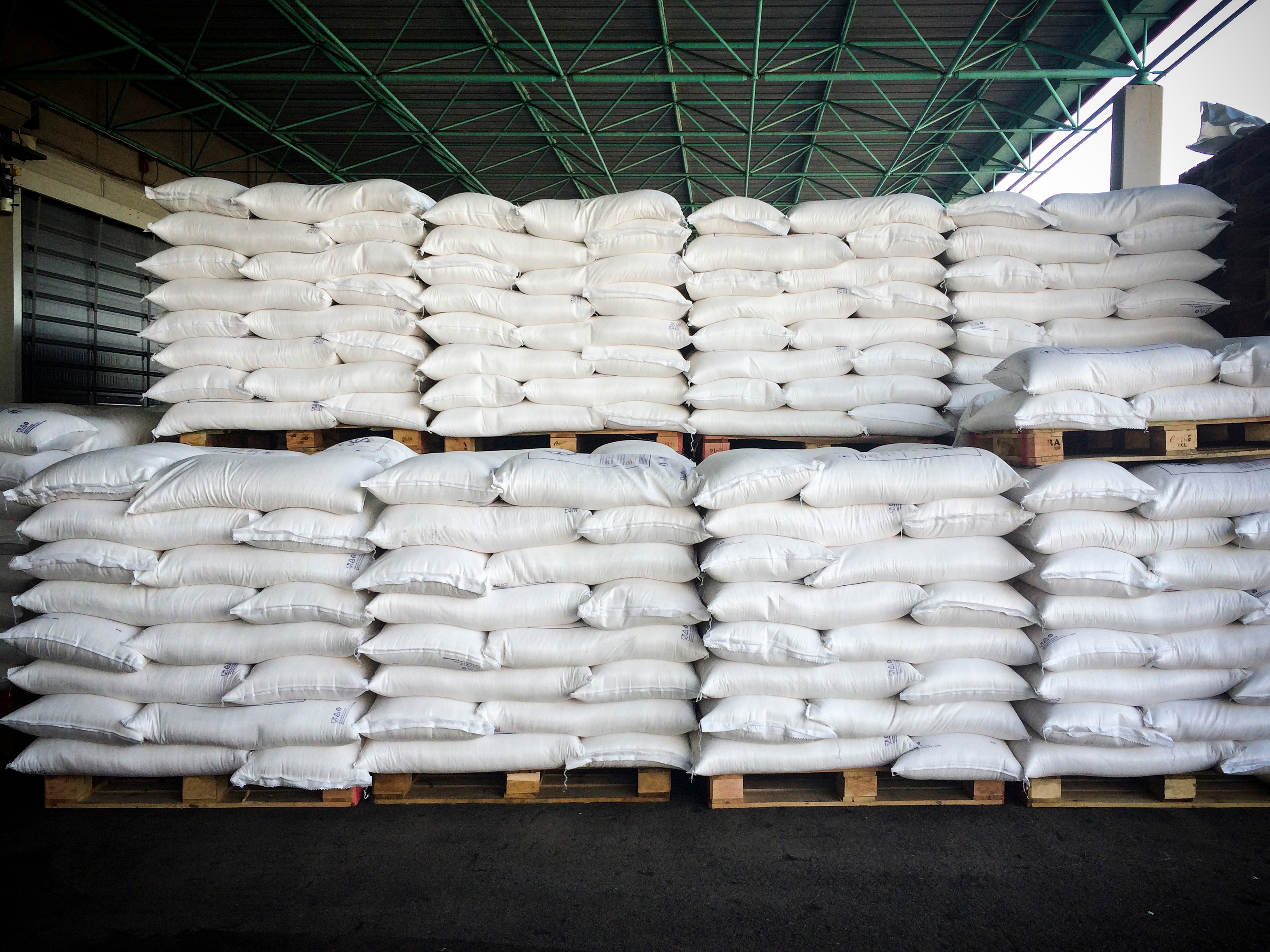 Several wooden pallets loaded with big bags.