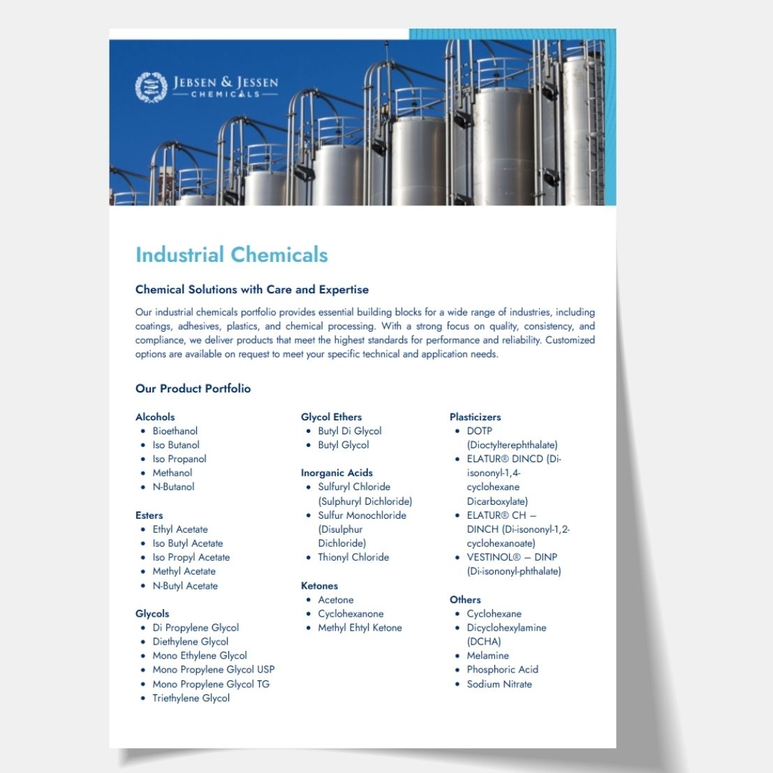 Jebsen & Jessen Chemicals one-pager Industrial Chemicals with industrial storage tanks