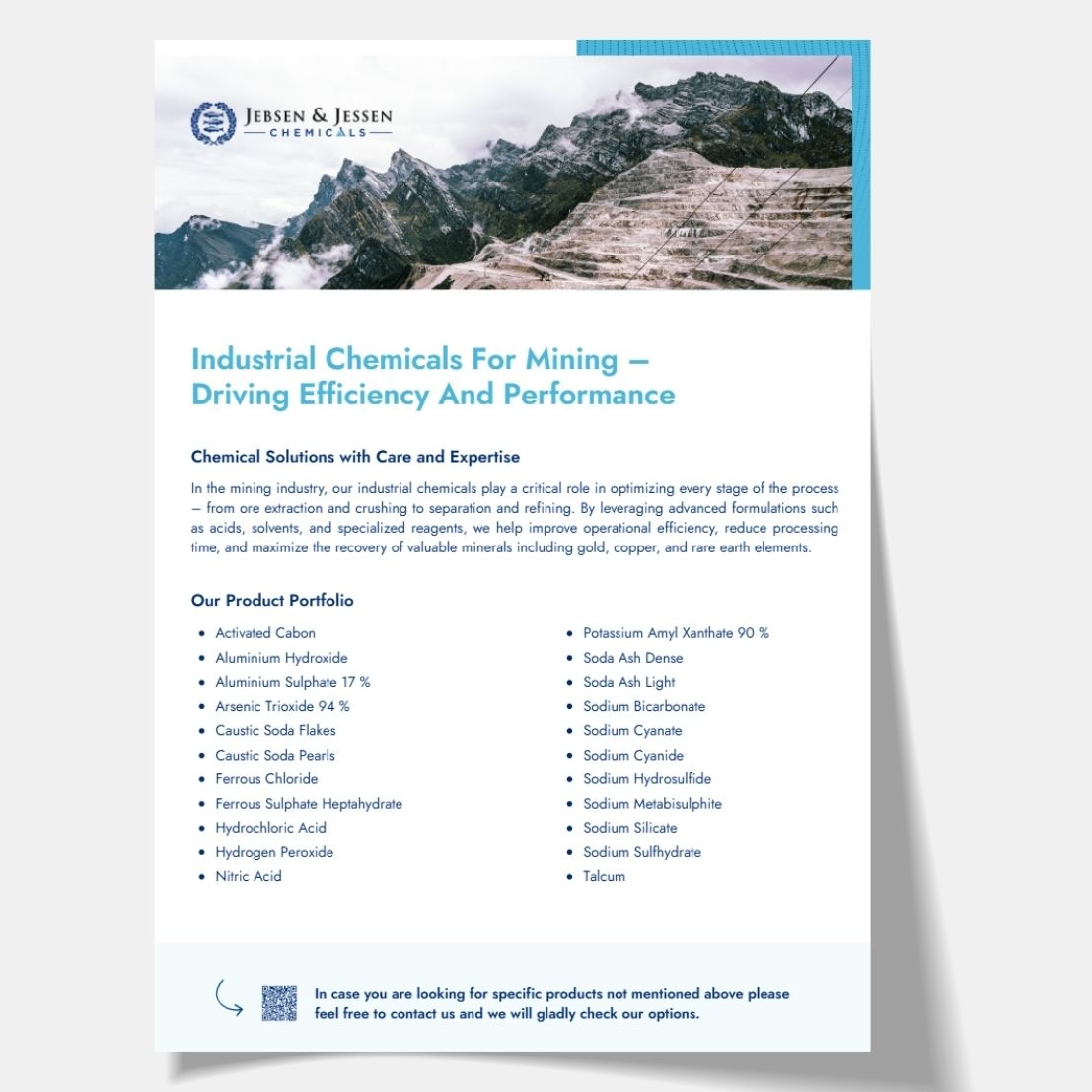 Jebsen & Jessen Chemicals one-pager Industrial Chemicals for Mining with mining landscape