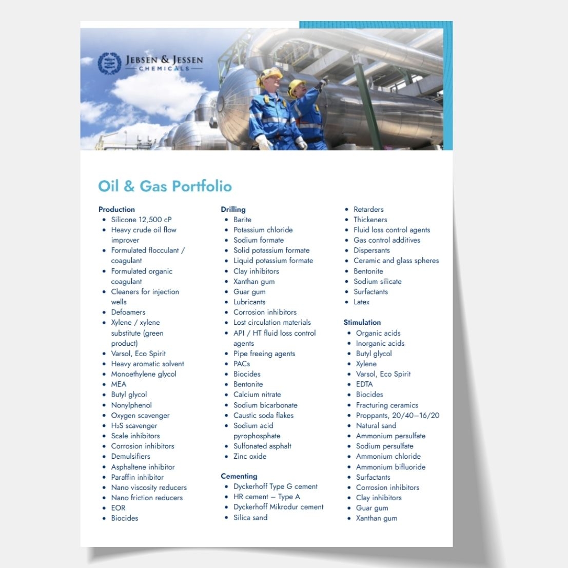 Jebsen & Jessen Chemicals one-pager Oil & Gas Portfolio with industrial facility
