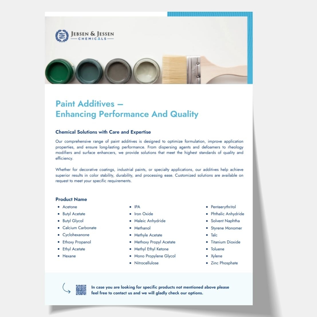 Jebsen & Jessen Chemicals one-pager Paint Additives with paint cans and paintbrush