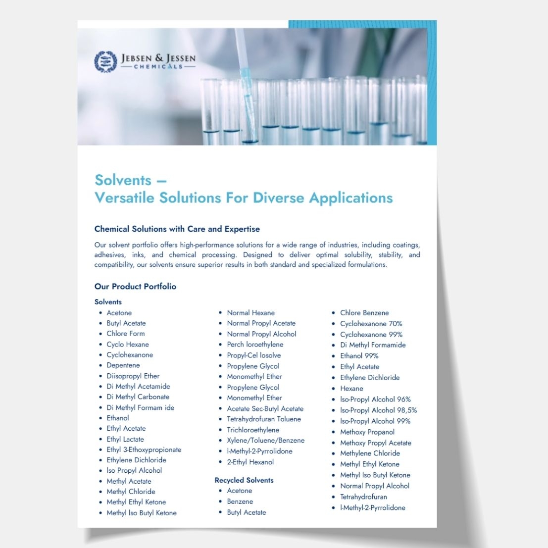Jebsen & Jessen Chemicals one-pager Solvents with laboratory test tubes