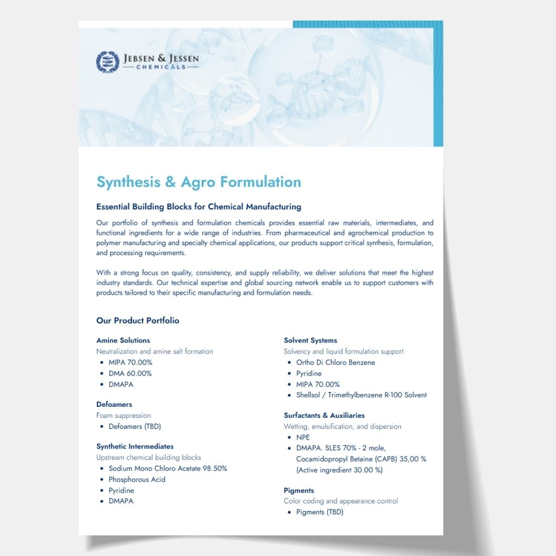 Jebsen & Jessen Chemicals one-pager Synthesis & Agro Formulation with molecular structure graphic