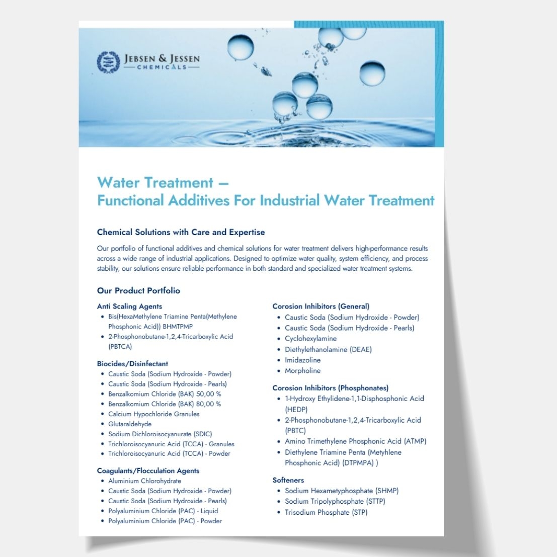 Jebsen & Jessen Chemicals one-pager Water Treatment with water droplets